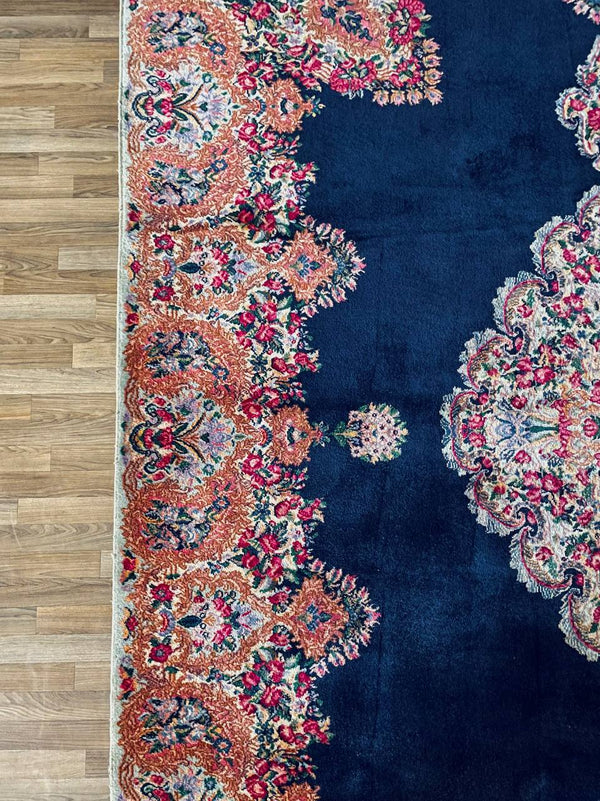 Large Persian Kashan Rug Hand-Knotted Rust Floral Medallion on Deep Indigo Field, c.1930s