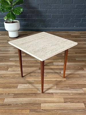 Mid-Century Modern Square Side Table w/ Travertine Marble Stone,c.1960’s