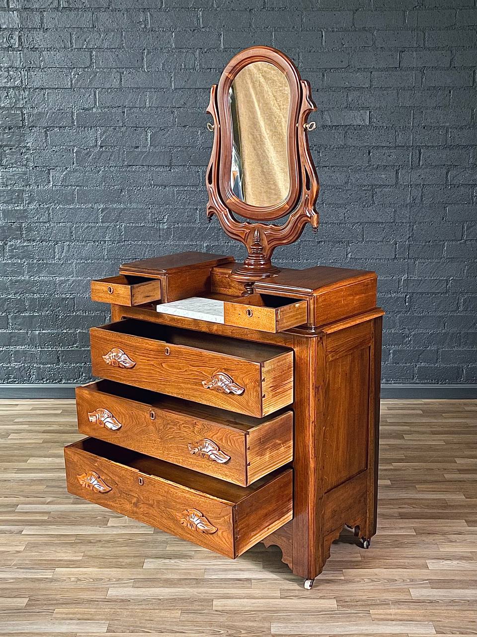 Antique Victorian Eastlake Marble-Top Dresser with Swivel Mirror, c.19 – Vintage Supply Antique Victorian Eastlake Marble-Top Dresser with Swivel Mirror, c.19 – Vintage Supply