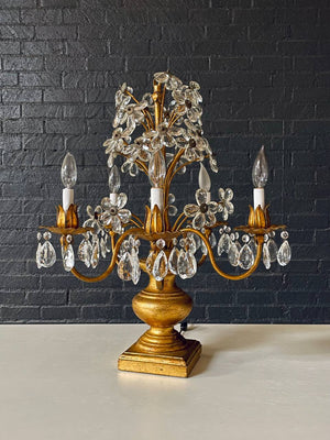 Italian Gilt Tole Floral Crystal Candelabra Table Lamp, c.1950’s