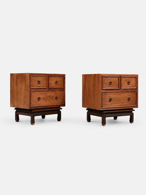 Pair of American of Martinsville Chinoiserie Walnut Night Stands, c.1960’s