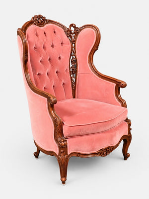 Antique Victorian Rococo Revival Carved Walnut & Velvet Wingback Chair, c.1950’s