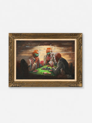Vintage Signed Latin American Poker Scene Oil Painting by Rodolfo Tarallo, c.1980's