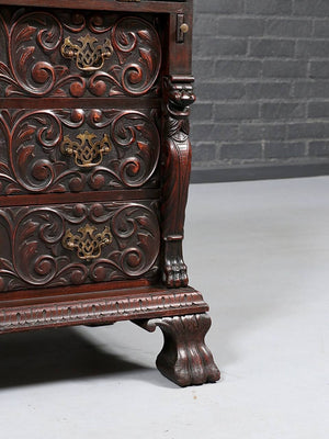 English Renaissance Revival Carved Oak Green Man Secretary Desk, c.1900's