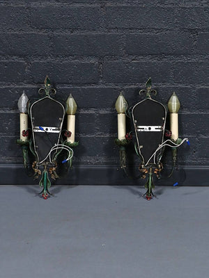 Pair of Italian Florentine Painted Metal & Etched Mirror Wall Sconces, c.1920's