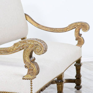 Italian Gold-Leaf Carved Giltwood & Linen Sofa