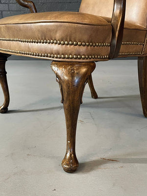Set of 3 Queen Anne Leather & Wood Armchairs, c.1960's