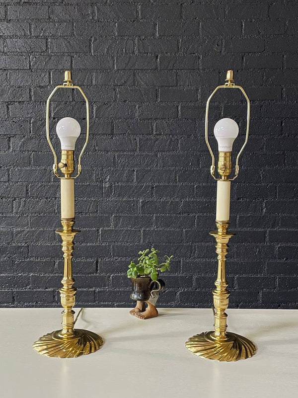 Pair of Spiral Decorated Queen Anne Brass Candlesticks Style Table Lamps, c.1970’s