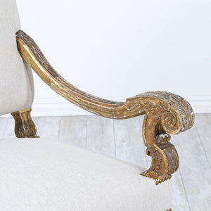 Italian Gold-Leaf Carved Giltwood & Linen Sofa
