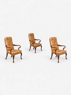Set of 3 Queen Anne Leather & Wood Armchairs, c.1960's