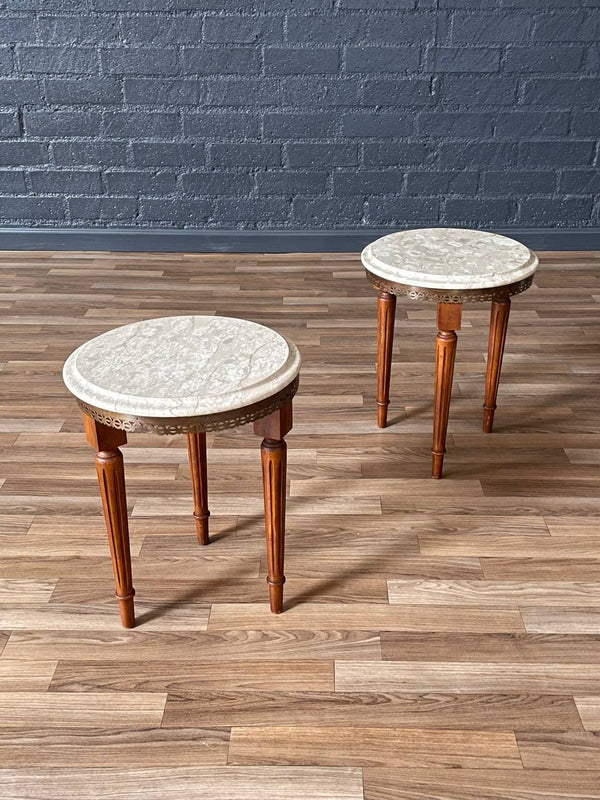 Pair of Antique French Louis XVI Style Marble-Top Side Tables w/ Brass Gallery, c.1930s