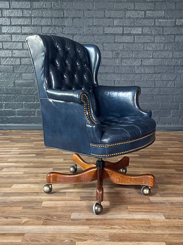 Vintage Wingback English Chesterfield Style Blue Leather Office Chair, c.1960’s