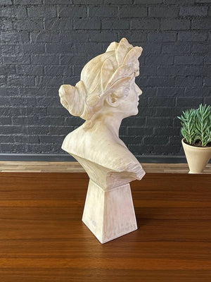 Signed Carved Alabaster Neoclassical Sculpture of Giuseppe Bessi Bust on Stand, c. 1920’s