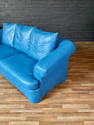 Vintage Post Modern Blue Leather Sofa, c.1980’s