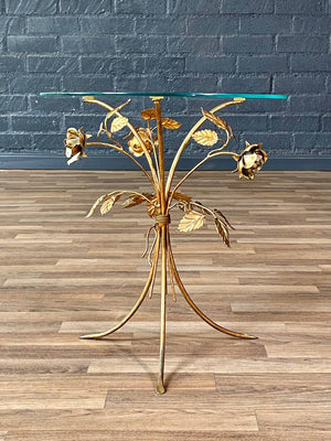 Italian Hollywood Regency Gilt-Metal Rose & Leaf Side Table w/ Glass Top, c.1960’s