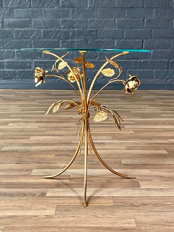 Italian Hollywood Regency Gilt-Metal Rose & Leaf Side Table w/ Glass Top, c.1960’s