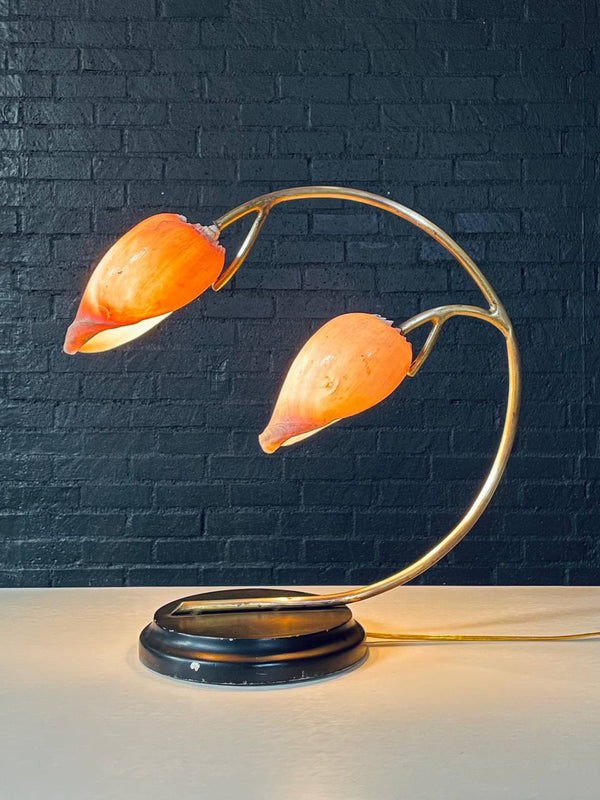 Hollywood Regency Brass Arch Table Lamp w/ Authentic Seashell Shades, c.1970’s