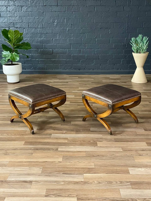 Pair of Italian Neoclassical Style Curule Leather Benches, c.1940’s