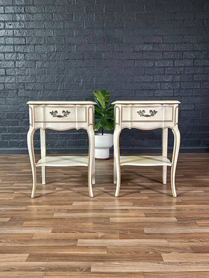 Pair of Vintage French Provincial Style Night Stands in Distressed Cream w/ Gold Trim, c.1960’s
