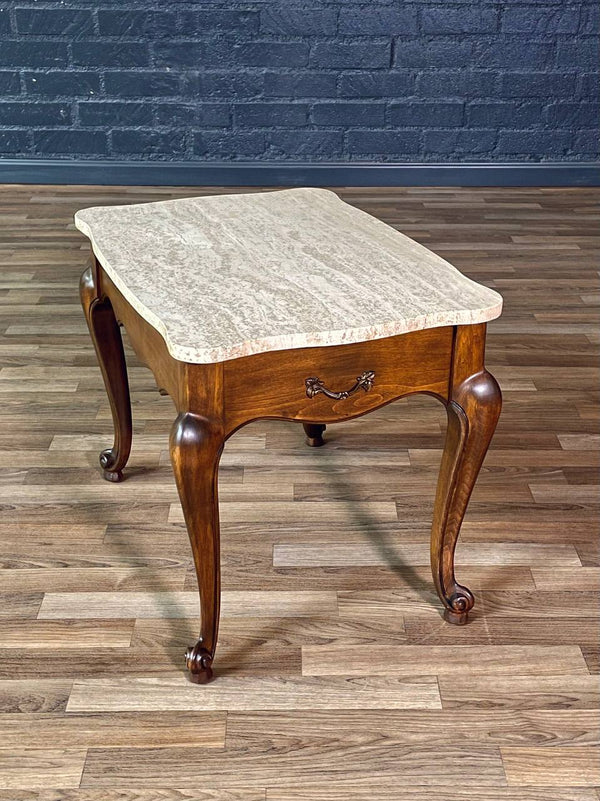 Pair of French Provincial Style Side Tables w/ Travertine Tops by Crown City Table Co., c.1960’s