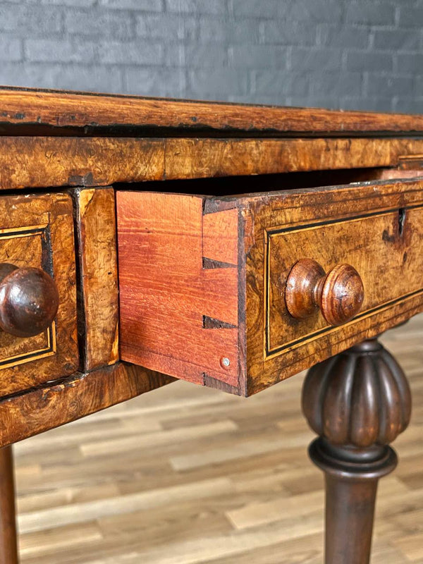 Antique Rosewood & Burl Wood Writing Desk / Entry Table w/ Turned Legs & Inlay, 1900’s