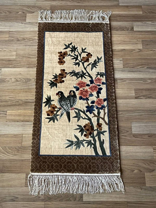 Vintage Silk Rug Tapestry With Birds Motif