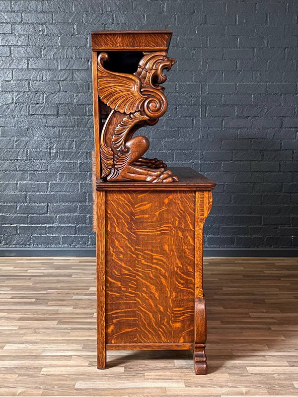Antique American Quarter-Sawn Oak Sideboard w/ Winged Griffin Carvings, c.1920’s