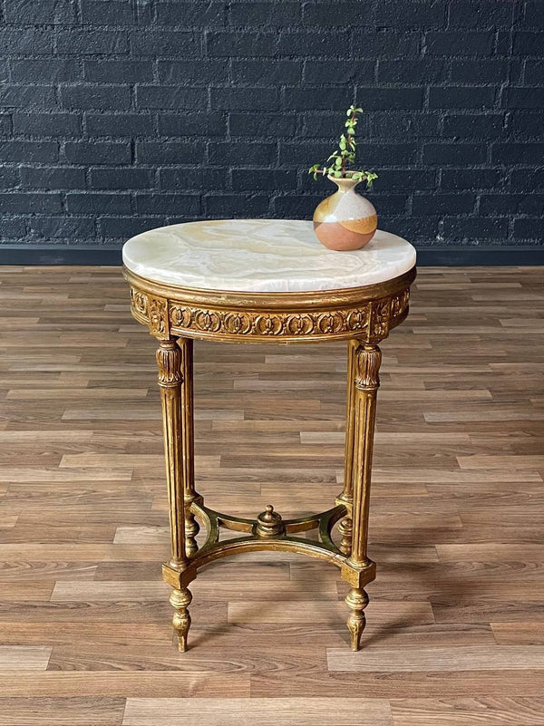 French Louis XVI Style Giltwood Side Table w/ Oval Onyx Top, c. 1940’s