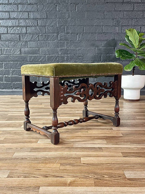 Spanish Revival Carved Wood & Velvet Stool w/ Nailhead Trim, 1940’s