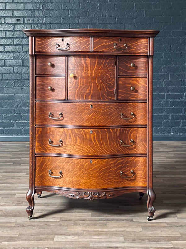 American Edwardian Colonial Style Tiger Oak Bombe Highboy Dresser w/ Hidden Cabinet, c.1920’s