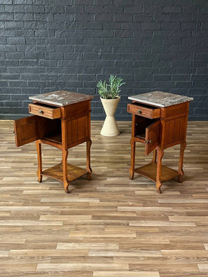 Pair of French Art Deco Style Oak Night Stands with Marble Tops, c.1940’s