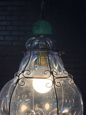 Pair of Vintage Blue Bubble Glass & Iron Pendant Lantern Lights, c.1960’s