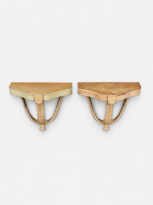 Pair of Neoclassical Revival Carved Wood Demilune Wall Consoles by Zangerle & Peterson, c.1940’s