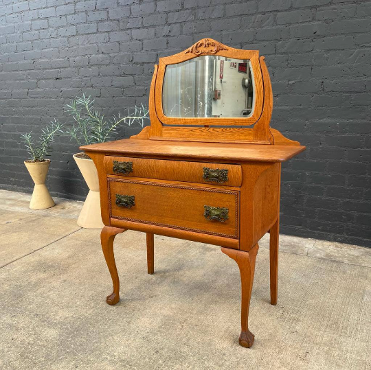 Vintage Golden Oak Dresser with Vanity Mirror and Ball Claw Feet, c.1960’s