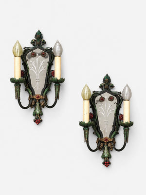 Pair of Italian Florentine Painted Metal & Etched Mirror Wall Sconces, c.1920's