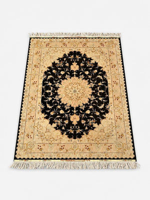 Persian-Style Black & Ivory Floral Medallion Rug with Inscription