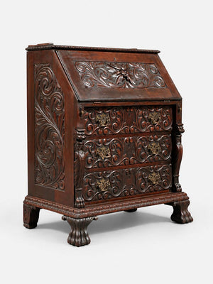 English Renaissance Revival Carved Oak Green Man Secretary Desk, c.1900's