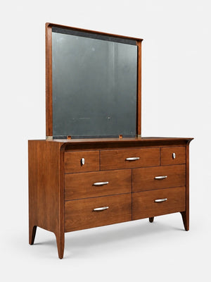 Mid Century Modern Walnut Profile Dresser with Mirror by John Van Koert for Drexel, c.1950's