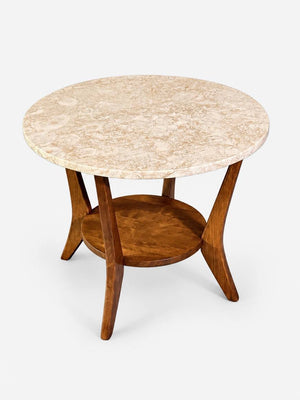 American Mid-Century Modern Wood & Marble Round Side Table, c.1960's