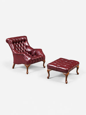 English Edwardian Chesterfield Style Leather Chair & Ottoman, c.1960's
