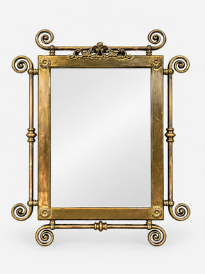 Antique Victorian Revival Brass Wall Mirror with Floral Rosettes & Scrollwork, c.1950's