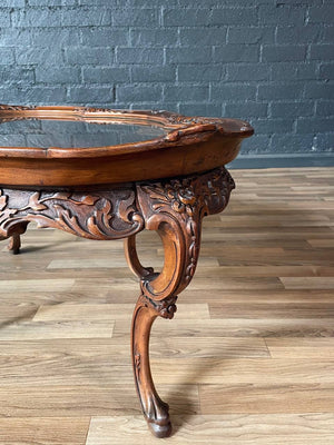 Italian Rococo Revival Carved Walnut Coffee Table w/ Floral Marquetry Inlay c.1920's