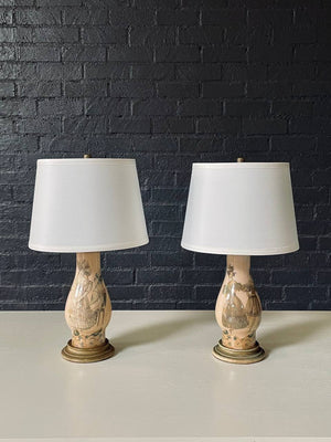 Pair of Vintage Hollywood Regency Ceramic Table Lamps w/ Rococo Fashion Illustrations, c.1950s