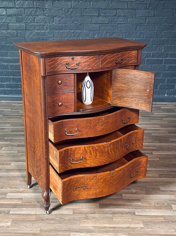 American Edwardian Colonial Style Tiger Oak Bombe Highboy Dresser w/ Hidden Cabinet, c.1920’s