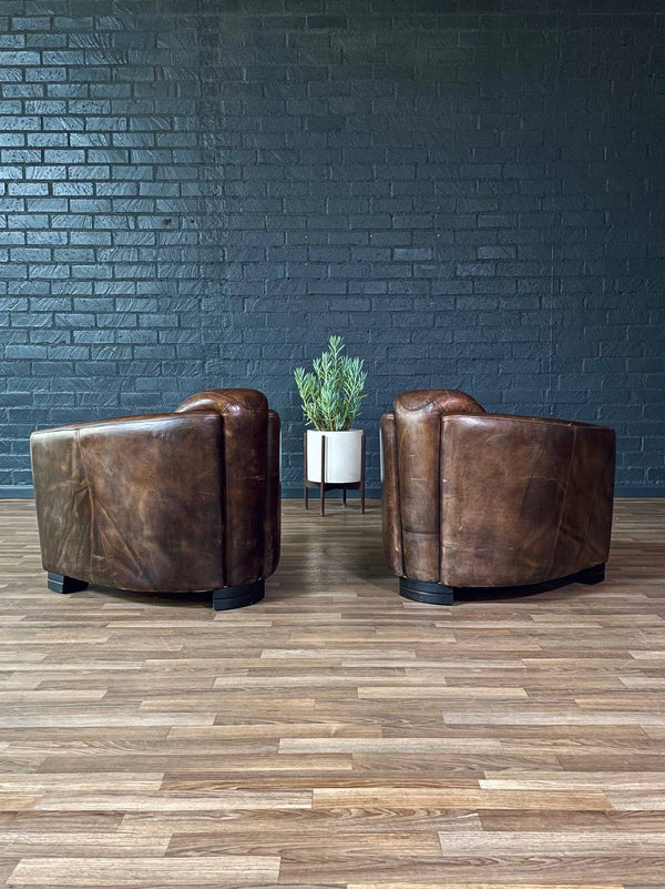 Pair of French Contemporary Art Deco Style Leather Club Chairs