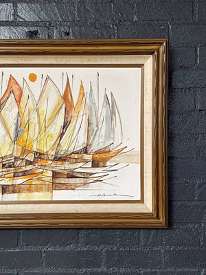 Mid-Century Modern Sailboat Fleet Oil Painting by Alfred B. - Signed Original