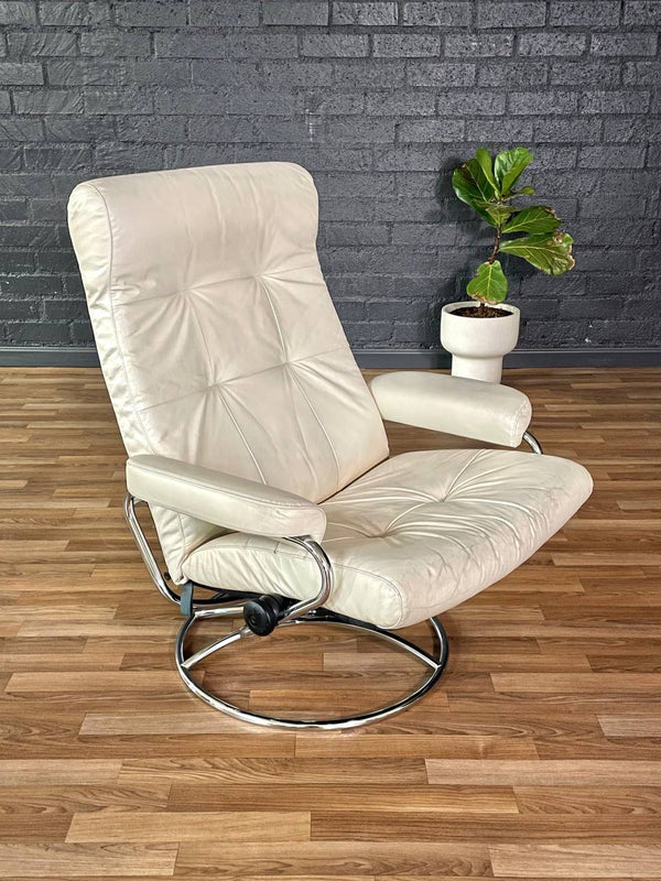 Ekornes Stressless Beige Leather & Chrome Reclining Swivel Lounge Chair w/ Ottoman, c.1970’s