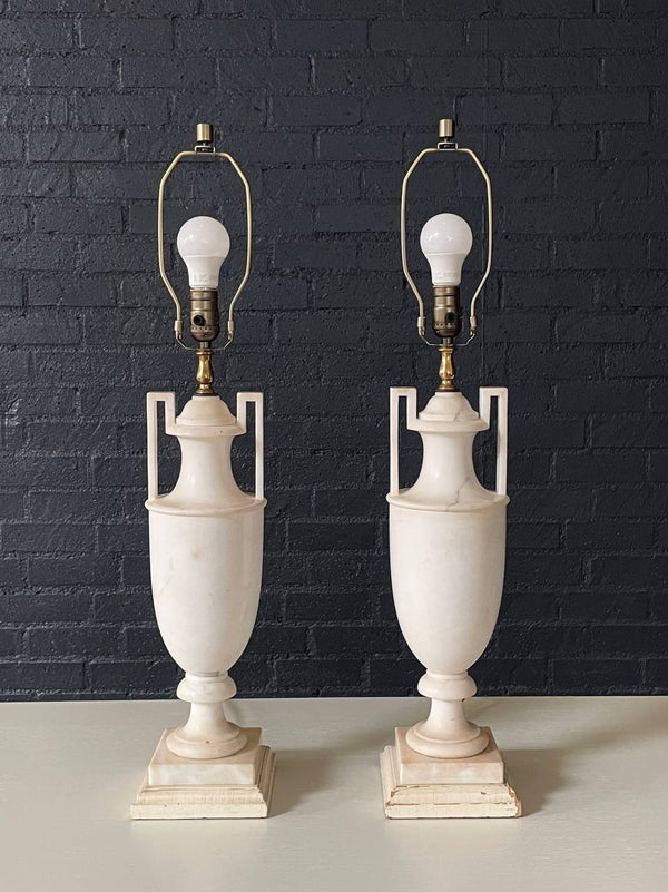Pair of Italian Neoclassical Urn Style Alabaster Table Lamps, c.1940’s