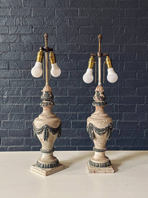 Pair of Antique Italian Neoclassical Carved Wood Urn Table Lamps w/ Draped Garlands, c.1920’s