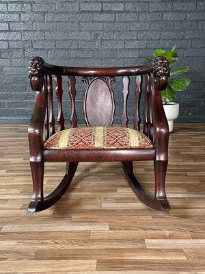 Antique Victorian Renaissance Revival Barrel-Back Rocking Chair w/ Carved Lion Heads, c.1920’s